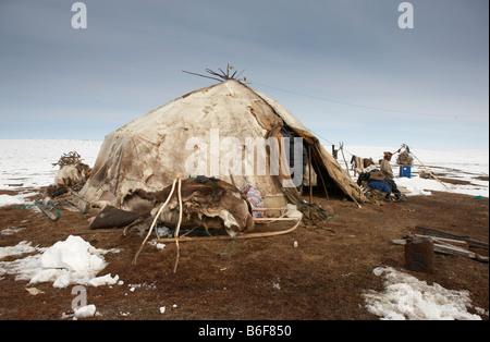 Yupic Zelt während der Rentierzucht eingerichtet, befindet sich Kanchalan in der autonomen Region Chukot, Sibirien-Russland Stockfoto