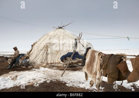 Yupic Zelt und Rentier Haut, befindet sich Kanchalan in der autonomen Region Chukot, Sibirien-Russland Stockfoto