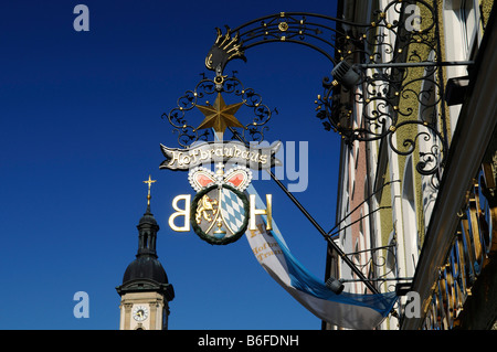 Hofbrauhaus Brauerei Ladenfront Zeichen, Traunstein Stadtplatz, Chiemgau, Bayern, Deutschland, Europa Stockfoto