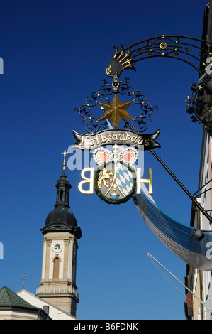 Hofbrauhaus Brauerei Ladenfront Zeichen, Traunstein Stadtplatz, Chiemgau, Bayern, Deutschland, Europa Stockfoto