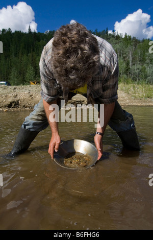Mann, gold panning auf Gold Bottom Creek, Klondike Gold Rush, Dawson City, Yukon Territorium, Kanada, Nordamerika Stockfoto