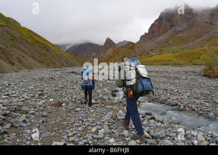 Zwei Backpacker, Wanderer, Burwash Creek, Donjek Route, Kluane National Park, Yukon Territorium, Kanada, St. Elias Mountains, Norden Stockfoto