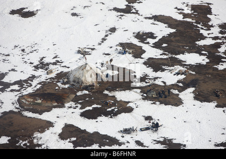 Luftbild der Rentierzüchter, Campingplatz, Kanchalan, Sibirien-Russland Stockfoto