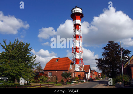 Historischer Leuchtturm Oberfeuer in Gruenendeich an der Elbe, Altes Land-Region, Niedersachsen, Deutschland, Europa Stockfoto