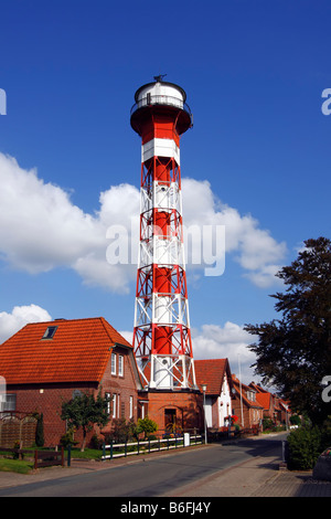 Historischer Leuchtturm Oberfeuer in Gruenendeich an der Elbe, Altes Land-Region, Niedersachsen, Deutschland, Europa Stockfoto