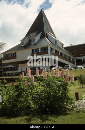 Rathaus in Ushuaia, Argentinien im südlichen Frühling mit Zier Lupinen vor Stockfoto