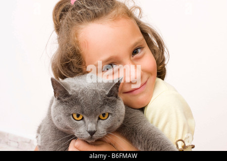 Mädchen, 6 Jahre alt, mit Britisch Kurzhaar Katze, blau Stockfoto