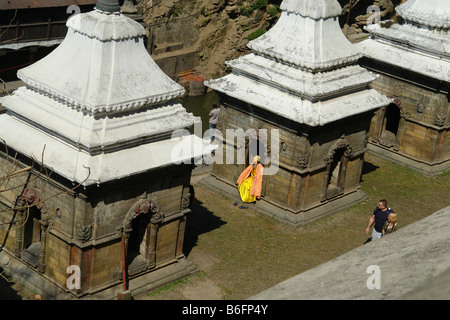 Pashupatinath Tempel, Kathmandu, Nepal, mit einem Sadhu, hinduistischen heiligen Mann in Gelb/Safran-farbigen Gewändern bekleidet. Stockfoto