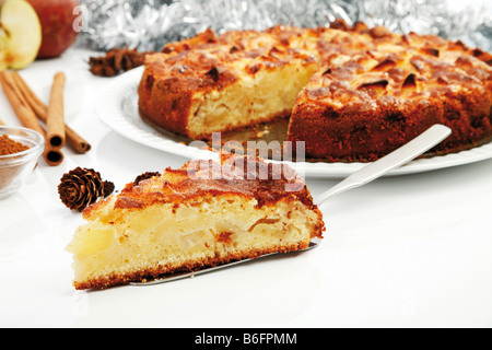 Weihnachts-Apfelkuchen mit frischen Äpfeln, Zimt, Zucker und Zimt-sticks Stockfoto