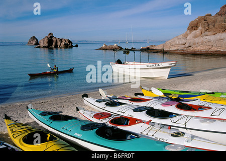 Kajaks am Candelera Beach Espiritu Santo Island in der Nähe von La Paz, Baja California Sur, Mexiko Stockfoto