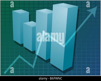 Drei d Balkendiagramm und nach oben richten Graph finanzielle Diagramm Abbildung über Quadratgitter Stockfoto