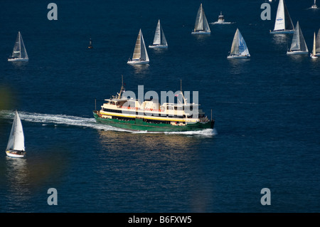 Yachten und Manly Fähre im Hafen von Sydney Stockfoto