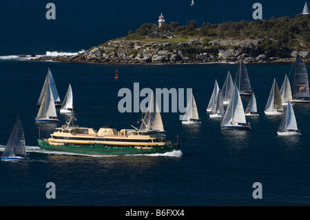 Yachten und Manly Fähre im Hafen von Sydney. South Head ist im Hintergrund. Stockfoto