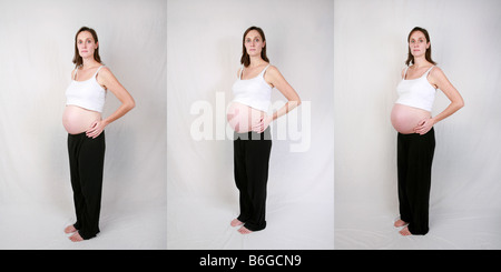 Schwangere Frau mit sieben acht neun Monate Schwangerschaft 30 02:36 und 40 Wochen Zeit hinfällig, 3 von 3 Bilder in Serie Stockfoto
