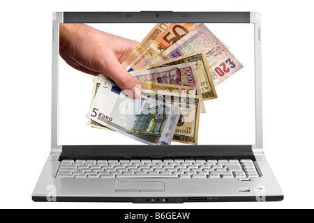 Handvoll von acht verschiedenen Banknoten auf dem Computerbildschirm Stockfoto