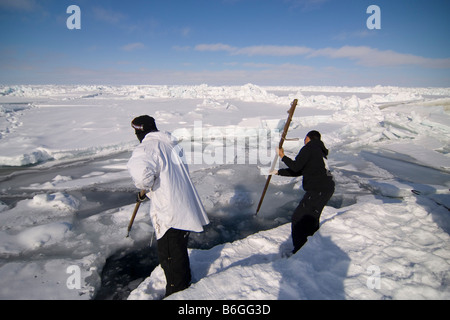 Inupiaq Walfänger öffnen ein Loch in das Packeis für potentielle Tierwelt Tschuktschensee passieren Stockfoto