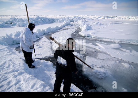 Inupiaq Walfänger öffnen ein Loch in das Packeis für potentielle Tierwelt Tschuktschensee passieren Stockfoto