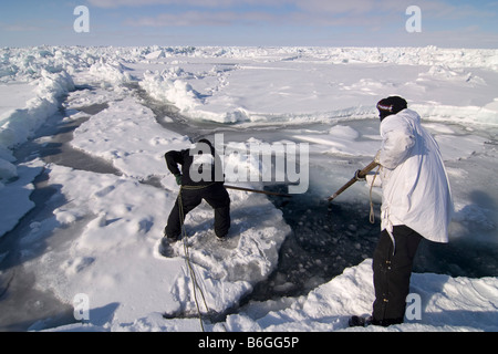 Inupiaq Walfänger öffnen ein Loch in das Packeis für potentielle Tierwelt Tschuktschensee passieren Stockfoto