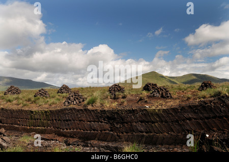 Connemara Turf Stack Haufen Heap Hügel bereit Remis nach Hause bringen in einem Moor Connemara Galway westlich von Irland Stockfoto