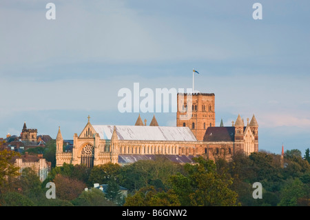 VEW von Verulamium Park gegenüber der Abtei in der Abenddämmerung Stockfoto