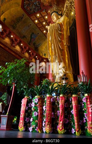 Goldene buddhistischen Frau Statue von Gemälde kleineren Statuen umgeben gravierten Kupferplatten Schriften innerhalb der Tianning-Pagode Stockfoto