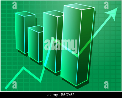 Drei d Balkendiagramm und nach oben richten Graph finanzielle Diagramm Abbildung über Quadratgitter Stockfoto