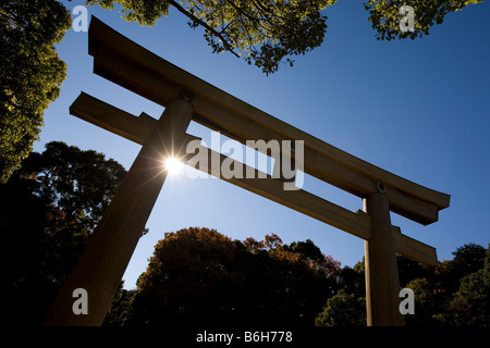 Sonnenlicht platzen um eine traditionelle Torii-Tor an der Meiji-Schrein, Tokyo Japa. Stockfoto