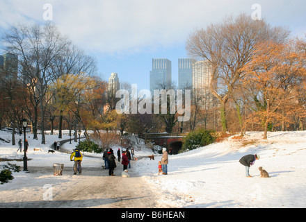 Am frühen Morgen. Menschen ihre Hunde im Central Park, New York, nach einem schweren Schnee fallen. Stockfoto