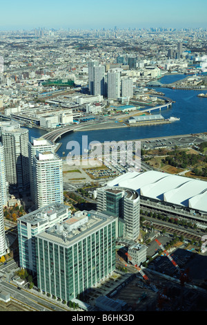 Yokohama Minato Mirai und Hafen Luftbild Stockfoto
