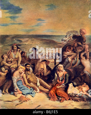 Massaker von Griechen von den Türken an der Ägäis Insel Chios, 1822. Farbe Grauwerte von einem Gemälde von Delacroix Stockfoto