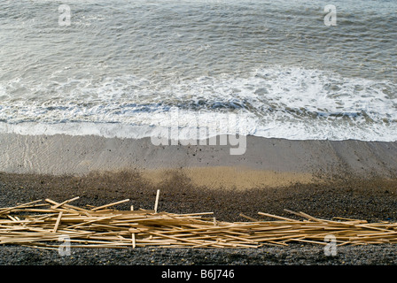 Holz an Land gespült aus einem angeschlagenen Containerschiff England 2008 Stockfoto