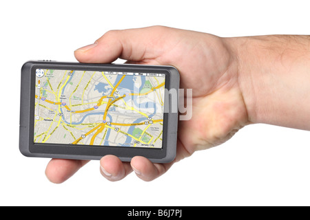 Tragbares GPS-Gerät in der Hand Ausschnitt auf weißem Hintergrund Stockfoto
