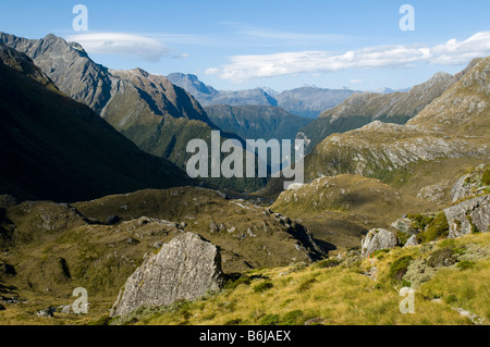 Obere Route Burn-Tal, oberhalb der Routeburn fällt, Hütte, Routeburn Track, Südinsel, Neuseeland Stockfoto