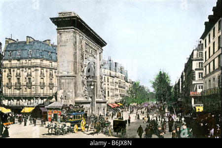Straße Verkehr um Porte Saint-Denis Paris um 1900. Hand - farbige Raster eines Fotos Stockfoto