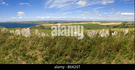 Blick über Devon Landschaft mit Wiesen und Ackerland Stockfoto