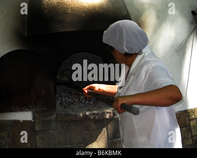 Backen, mit einem äußeren Ofen, Holzkohle eine harte schwarze Substanz, die ähnlich wie Kohle als Brennstoff verwendet werden kann. Stockfoto