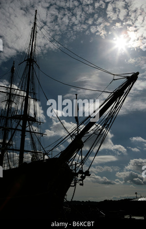 Stadt von Dundee, Schottland. Die drei Masten Royal Forschung Schiff RRS Discovery festgemacht in Discovery Quay zu entdecken. Stockfoto