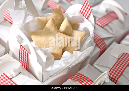 Sterne geformten Ausschnitt Kekse in einfache schlichte weiße Boxen für verpackt präsentiert zu Weihnachten. Gefesselt mit rot karierte Schleife Stockfoto