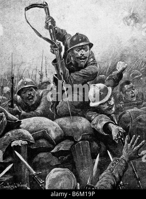 Ersten Weltkrieg zeitgenössische Illustration von französischen Soldaten stürmen einen deutschen Graben. Stockfoto