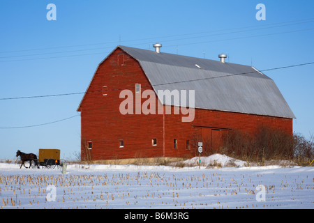 Amische Buggy vorbei an große rote Scheune Mohawk Valley New York State Stockfoto