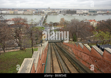 Budapester Donaukettenbrücke von der Siklo-Seilbahn auf dem Burgberg Ungarn Stockfoto