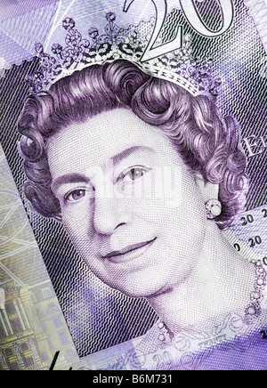 Makroaufnahme einer UK-zwanzig Pfund-Note zeigt den Kopf der Königin Elizabeth II. Stockfoto