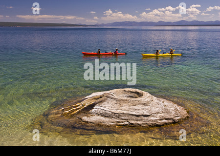 YELLOWSTONE-Nationalpark, WYOMING, USA - Touristen in Kajaks paddeln durch Fischerei Kegel, West Thumb Geyser Basin, Lake Yellowstone. Stockfoto