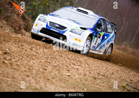 Stephen Moore und Tony McHugh in ihrem Ford Focus WRC im Wettbewerb mit der 2008 Rallye Sunseeker Stockfoto