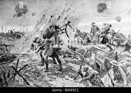 Ersten Weltkrieg zeitgenössische Illustration des schottischen Soldaten Dudelsack unter Beschuss während der Schlacht an der Somme. Stockfoto