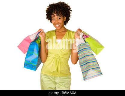 African American Woman holding bunte Einkaufstaschen Stockfoto