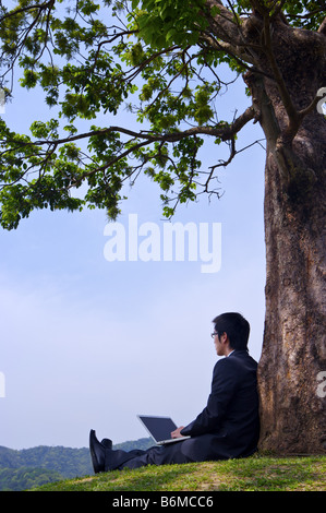 Junger Geschäftsmann gelehnt Baum mit laptop Stockfoto