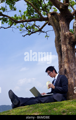 Junger Geschäftsmann mit Laptop Baum gelehnt Stockfoto