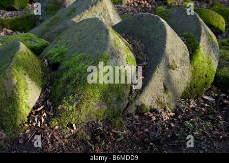 Hathersage. Geschnitzt, rund meißelt, verlassenes Mühlenrad, alt, ländlich, Uralter Mühlstein. Mill Stones im Peak District National Park, Derbyshire, Großbritannien Stockfoto