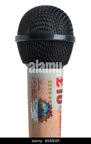 Konzept Geld spricht Bild eines Mikrofons mit einem zehn-Pfund-Note auf einem weißen Hintergrund gemacht Stockfoto